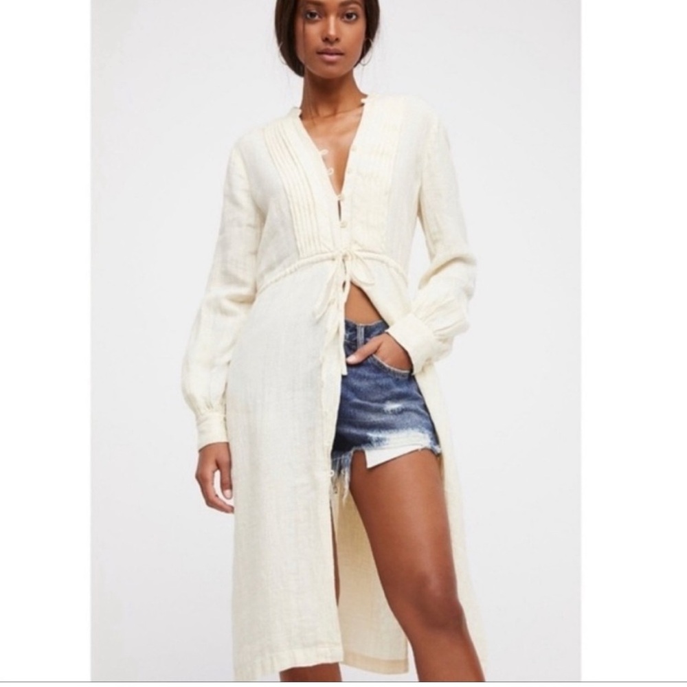 Free People Steal The Sunshine 100% Linen Dress Cream Women’s Size Medium Slit